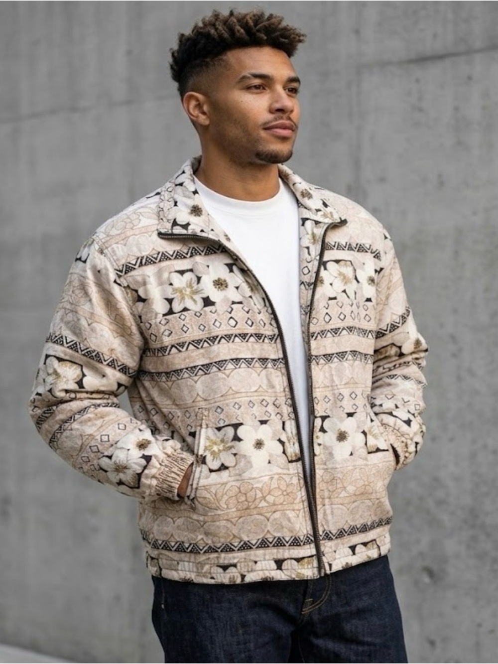 Vintage Vital Zone 100% Silk Geometric Floral Bomber Jacket